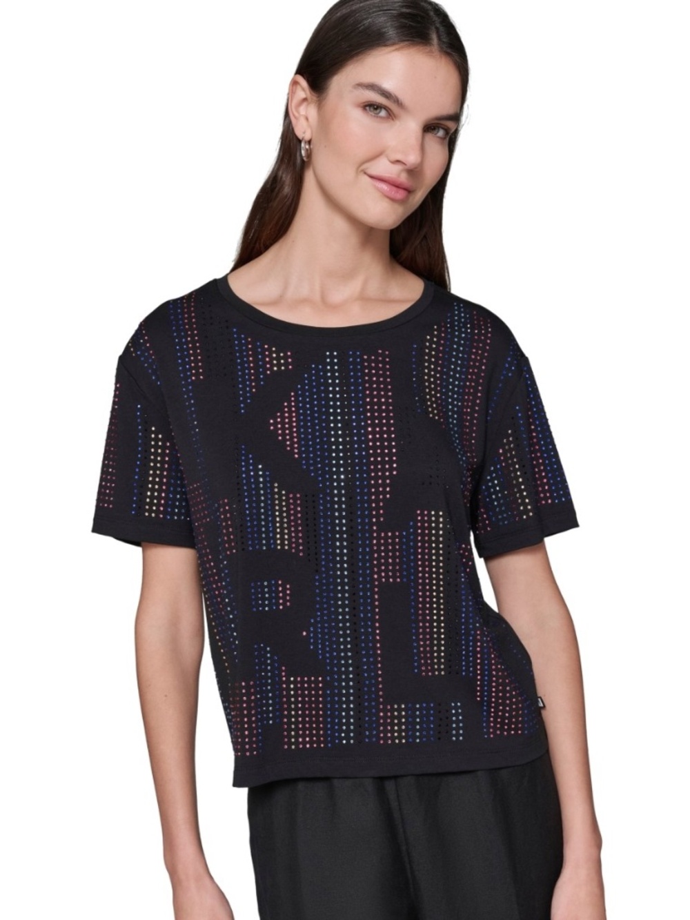 Karl Lagerfeld Paris Women's Rhinestone Logo Tee - Black S